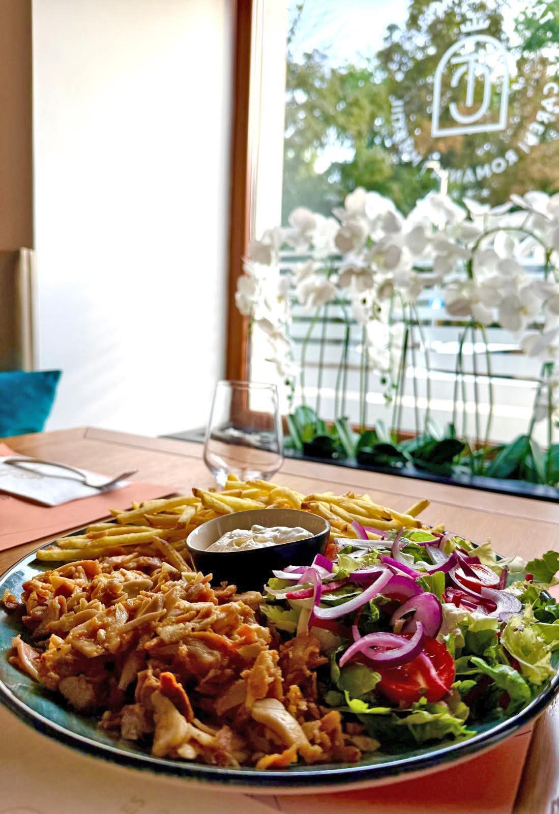 Kebab de pui cu cartofi prăjiți și sos alb