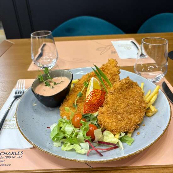 Snitel din piept de pui cu cartofi pai si sosul casei